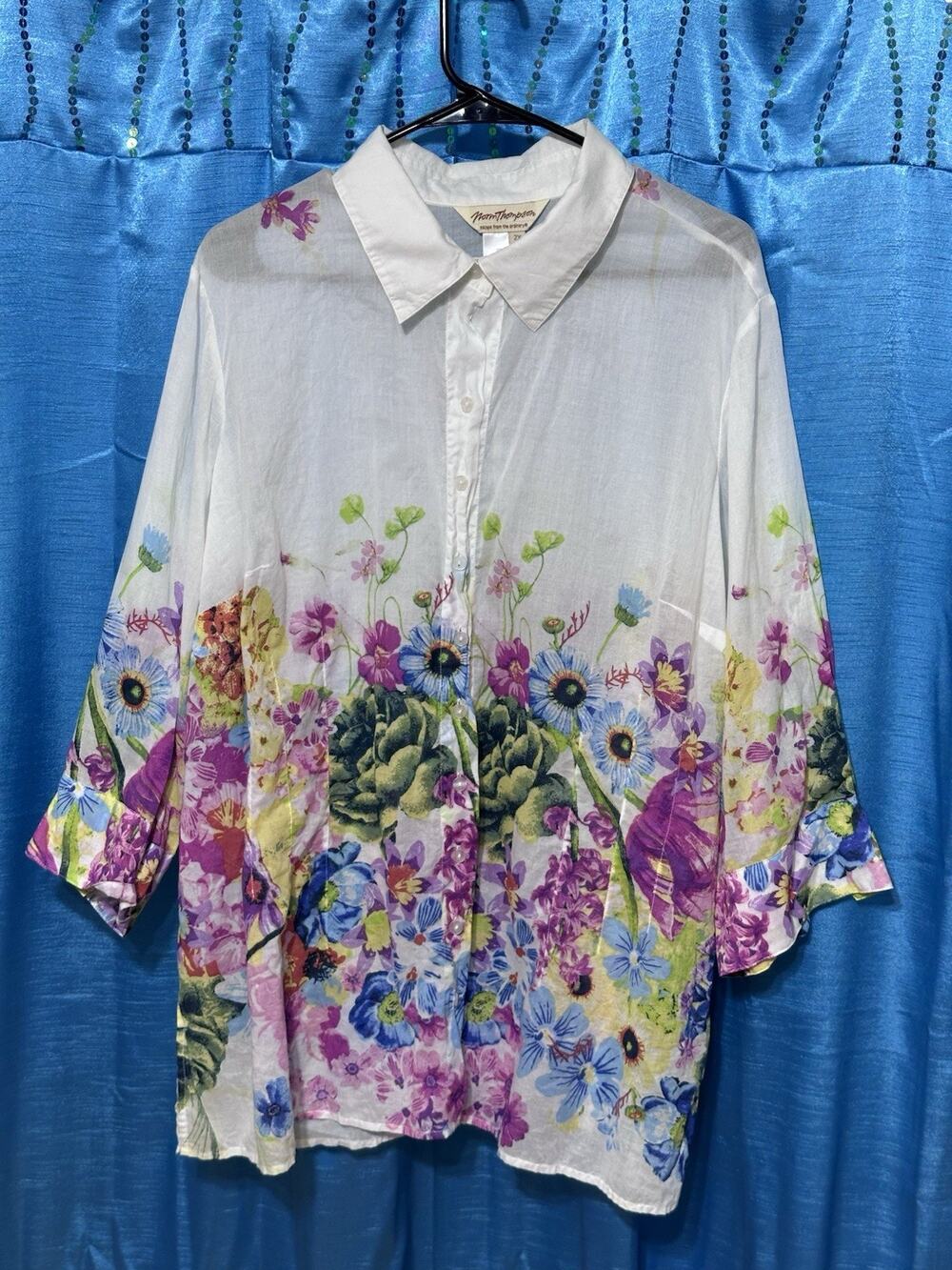Norman Thompson Sheer White & Floral Print Button Up Shirt 3/4 Sleeve 2X Cotton